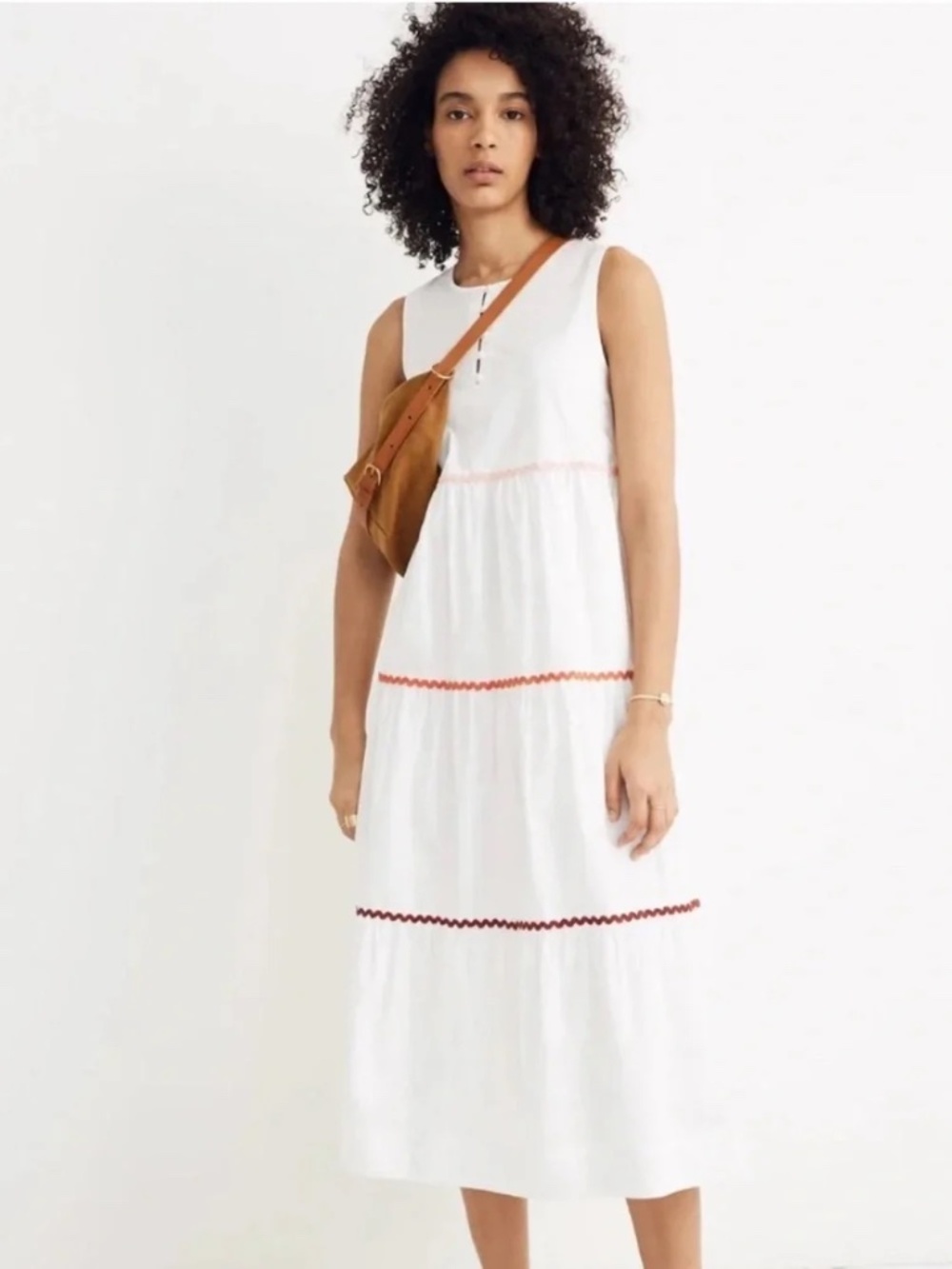Madewell White Ric Rac Trim Tiered Cotton Midi Dress Small